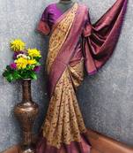 beige wine art silk blend banarasi jacquard work saree with unstitched blouse piece