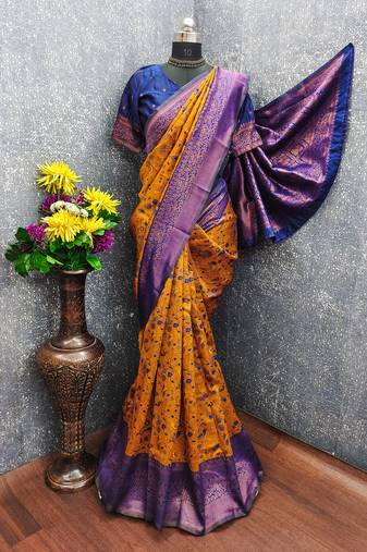 mustard blue art silk blend banarasi jacquard work saree with unstitched blouse piece