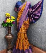mustard blue art silk blend banarasi jacquard work saree with unstitched blouse piece