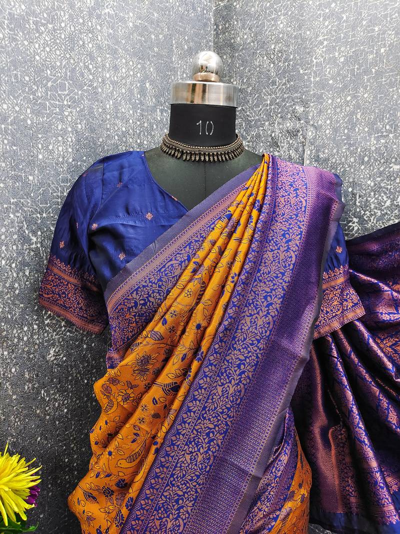 mustard blue art silk blend banarasi jacquard work saree with unstitched blouse piece