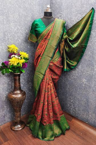 orange green art silk blend banarasi jacquard work saree with unstitched blouse piece