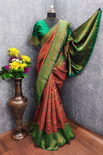 orange green art silk blend banarasi jacquard work saree with unstitched blouse piece
