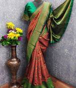 orange green art silk blend banarasi jacquard work saree with unstitched blouse piece