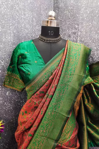orange green art silk blend banarasi jacquard work saree with unstitched blouse piece