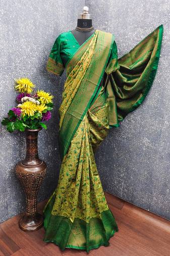 parrot green art silk blend banarasi jacquard work saree with unstitched blouse piece