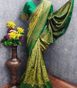 parrot green art silk blend banarasi jacquard work saree with unstitched blouse piece