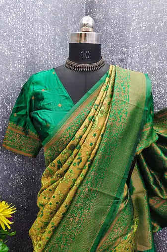parrot green art silk blend banarasi jacquard work saree with unstitched blouse piece