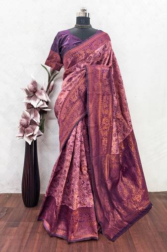 light pink art silk blend banarasi jacquard work saree with unstitched blouse piece