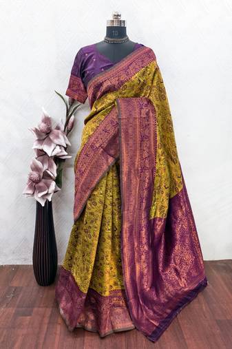 mustard wine art silk blend banarasi jacquard work saree with unstitched blouse piece