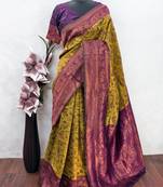 mustard wine art silk blend banarasi jacquard work saree with unstitched blouse piece
