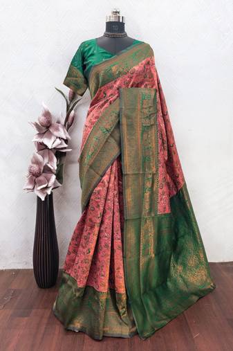 peach green art silk blend banarasi jacquard work saree with unstitched blouse piece