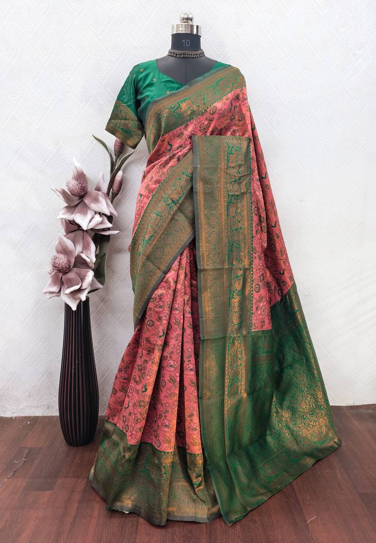 peach green art silk blend banarasi jacquard work saree with unstitched blouse piece