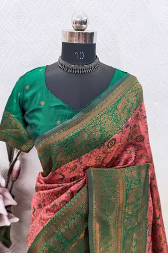 peach green art silk blend banarasi jacquard work saree with unstitched blouse piece