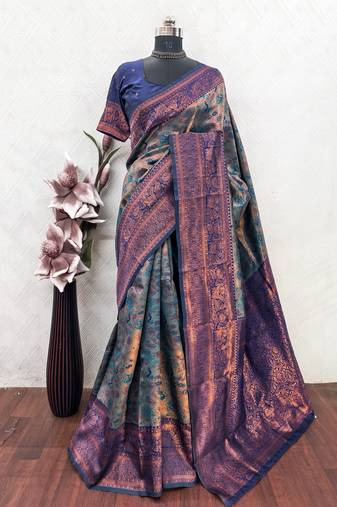 turquoise blue art silk blend banarasi jacquard work saree with unstitched blouse piece