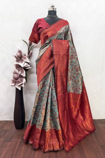 turquoise red art silk blend banarasi jacquard work saree with unstitched blouse piece