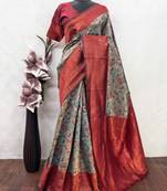 turquoise red art silk blend banarasi jacquard work saree with unstitched blouse piece