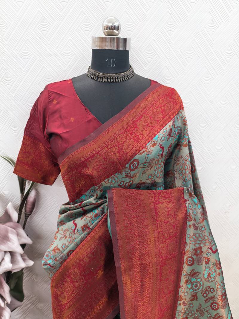 turquoise red art silk blend banarasi jacquard work saree with unstitched blouse piece