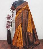 yellow black art silk blend banarasi jacquard work saree with unstitched blouse piece