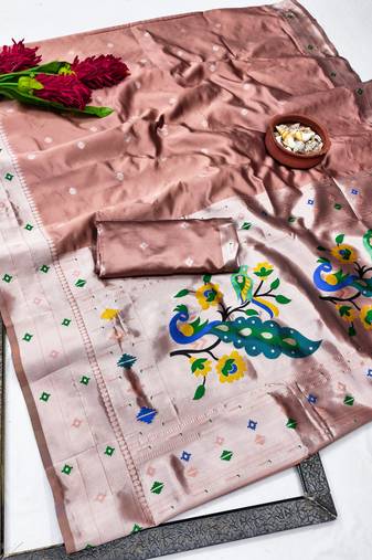 beige art silk blend jacquard work saree with unstitched blouse piece