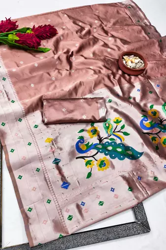 beige art silk blend jacquard work saree with unstitched blouse piece