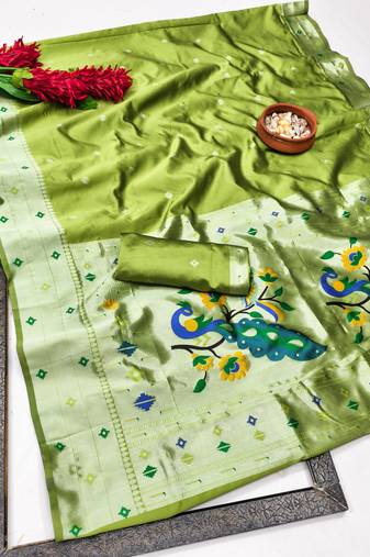 parrot green art silk blend jacquard work saree with unstitched blouse piece