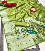 parrot green art silk blend jacquard work saree with unstitched blouse piece