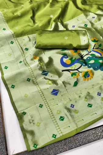 parrot green art silk blend jacquard work saree with unstitched blouse piece