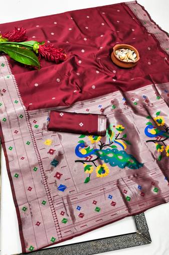 red art silk blend jacquard work saree with unstitched blouse piece