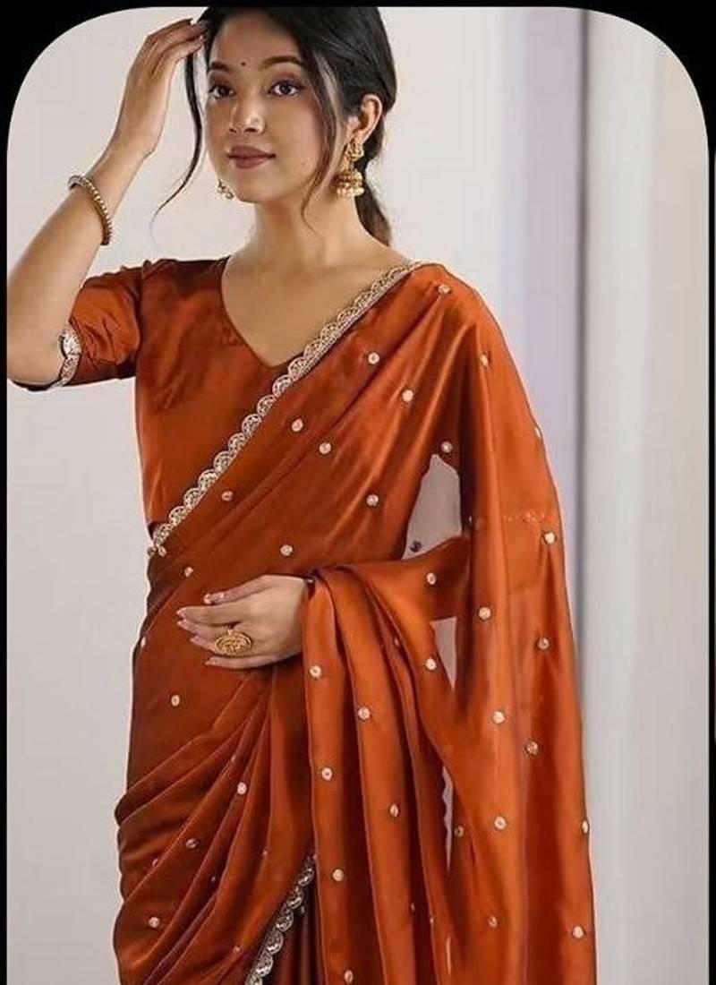 Mustard Color Butti embroidered and Sequence Work Silk Blend Saree 