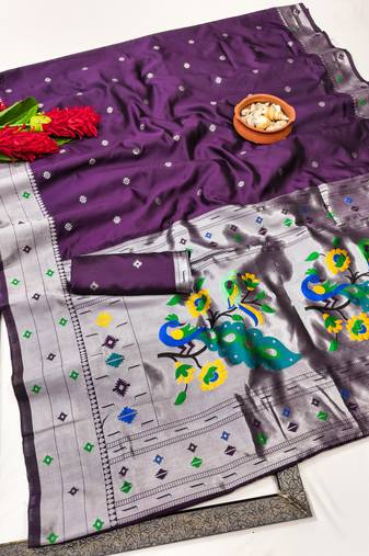 wine art silk blend jacquard work saree with unstitched blouse piece