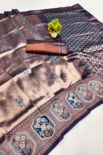 blue rama art silk blend jacquard work saree with unstitched blouse piece