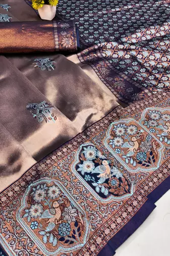 blue rama art silk blend jacquard work saree with unstitched blouse piece