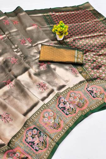 green gajri art silk blend jacquard work saree with unstitched blouse piece