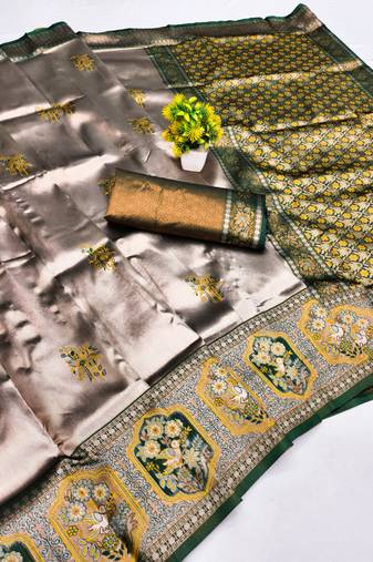 green gold art silk blend jacquard work saree with unstitched blouse piece
