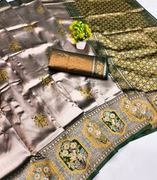 green gold art silk blend jacquard work saree with unstitched blouse piece