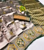 green gold art silk blend jacquard work saree with unstitched blouse piece