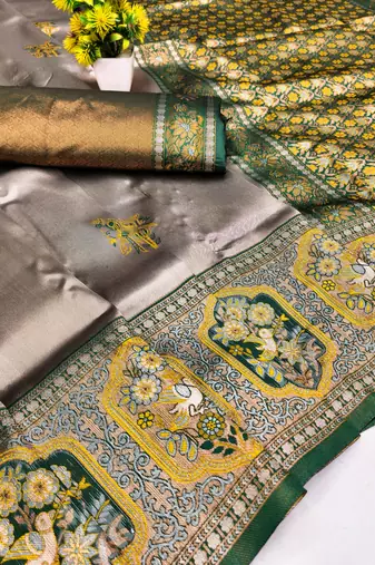 green gold art silk blend jacquard work saree with unstitched blouse piece