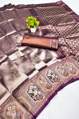 wine beige art silk blend jacquard work saree with unstitched blouse piece