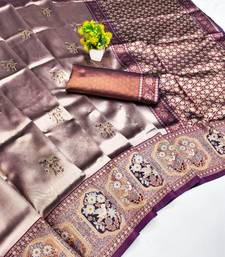 wine beige art silk blend jacquard work saree with unstitched blouse piece