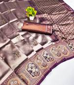 wine beige art silk blend jacquard work saree with unstitched blouse piece