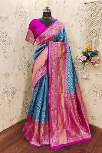 sky pink art silk blend banarasi jacquard work saree with unstitched blouse piece