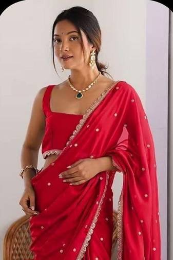 Red Color Butti embroidered and Sequence Work Silk Blend Saree 