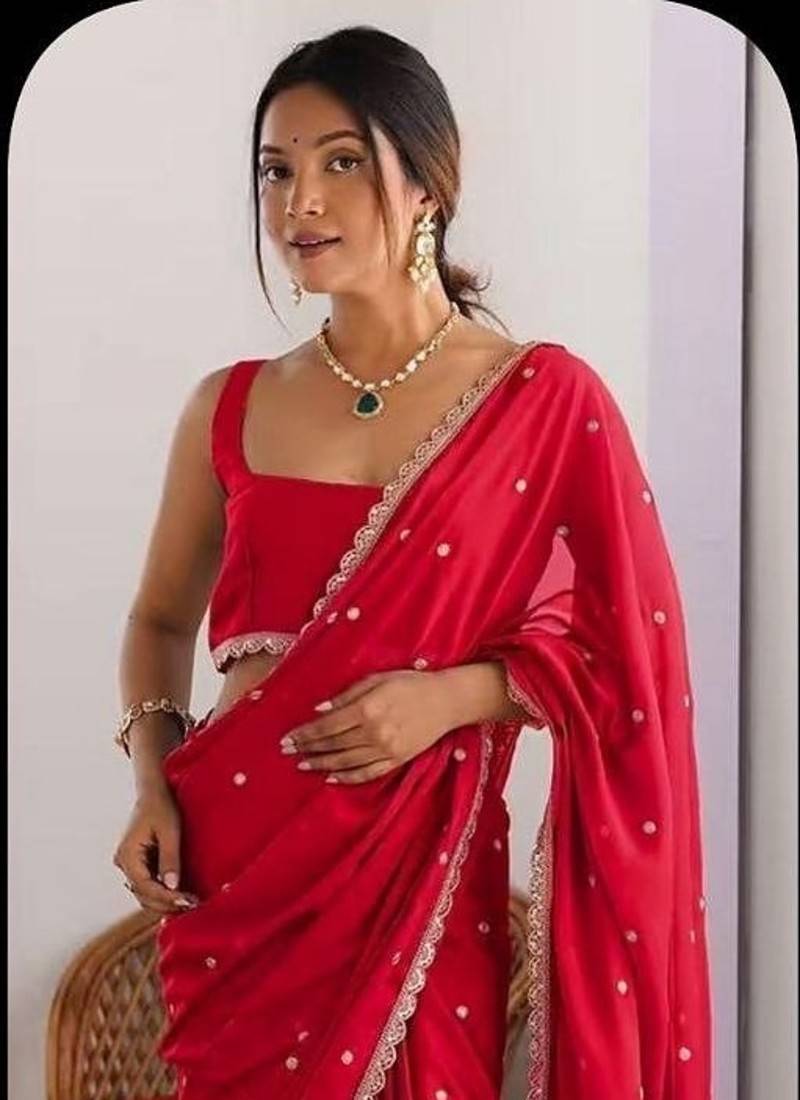 Red Color Butti embroidered and Sequence Work Silk Blend Saree 
