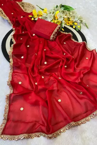 Red Color Butti embroidered and Sequence Work Silk Blend Saree 