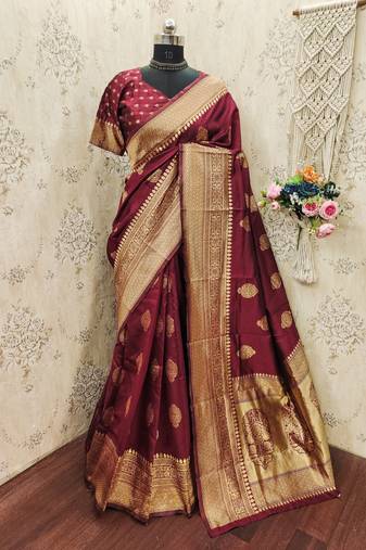 maroon art silk blend banarasi jacquard work saree with unstitched blouse piece