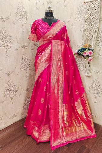 pink art silk blend banarasi jacquard work saree with unstitched blouse piece