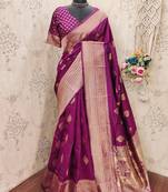 wine art silk blend banarasi jacquard work saree with unstitched blouse piece