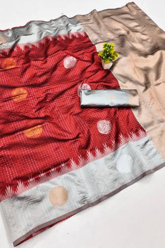 grey red art silk blend jacquard work saree with unstitched blouse piece