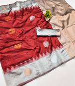 grey red art silk blend jacquard work saree with unstitched blouse piece