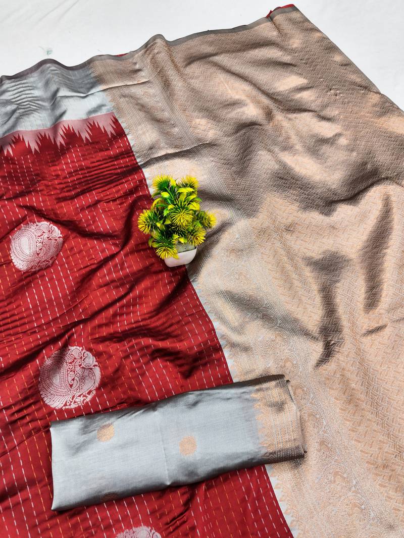 grey red art silk blend jacquard work saree with unstitched blouse piece